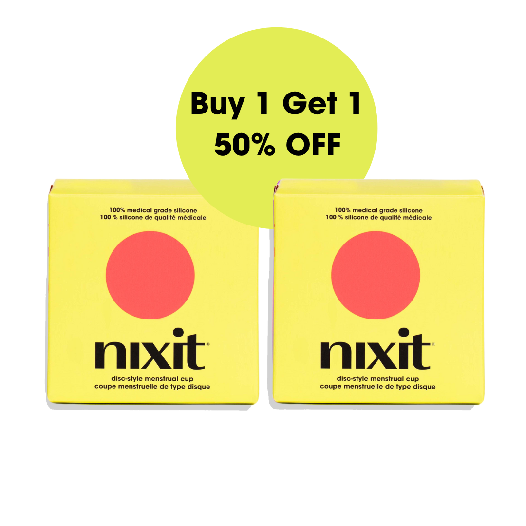 Two yellow nixit menstrual cups boxes are side by side with a circle in between them that states 'Buy 1 Get 1 50% OFF'