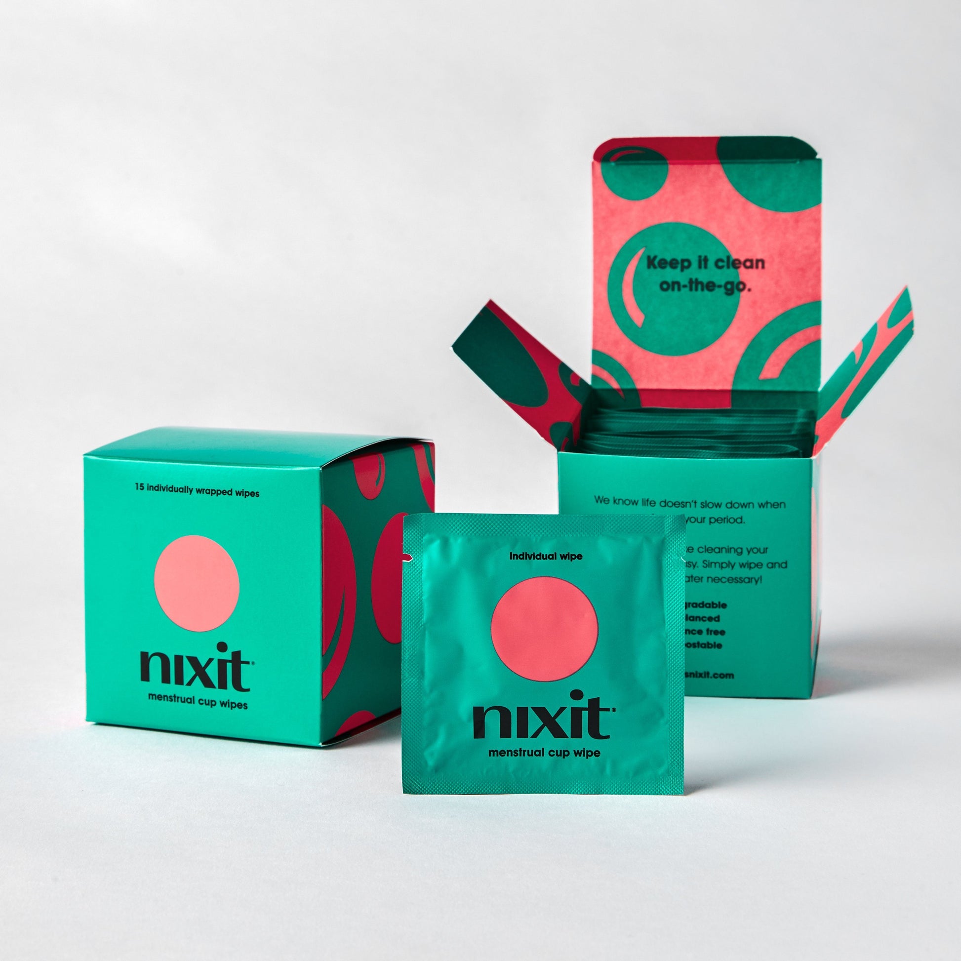 Photo of open nixit wipes box (15 per pack) - convenient menstrual cup wipes for keeping your period cup clean on-the-go