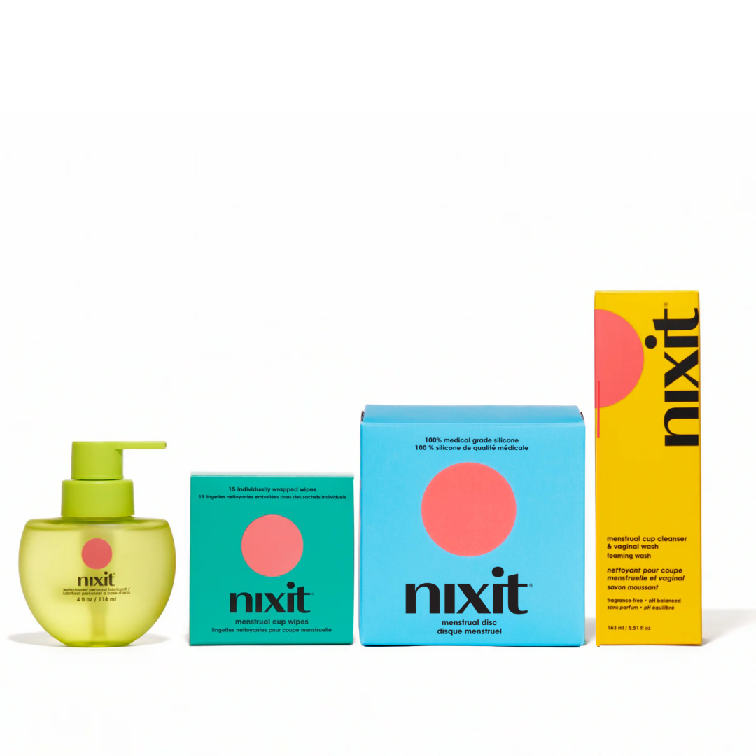 4 nixit products are in a line, the nixit water based personal lubricant, the nixit menstrual cup wipes, the nixit menstrual disc and the nixit menstrual cup cleanser and vulva wash.
