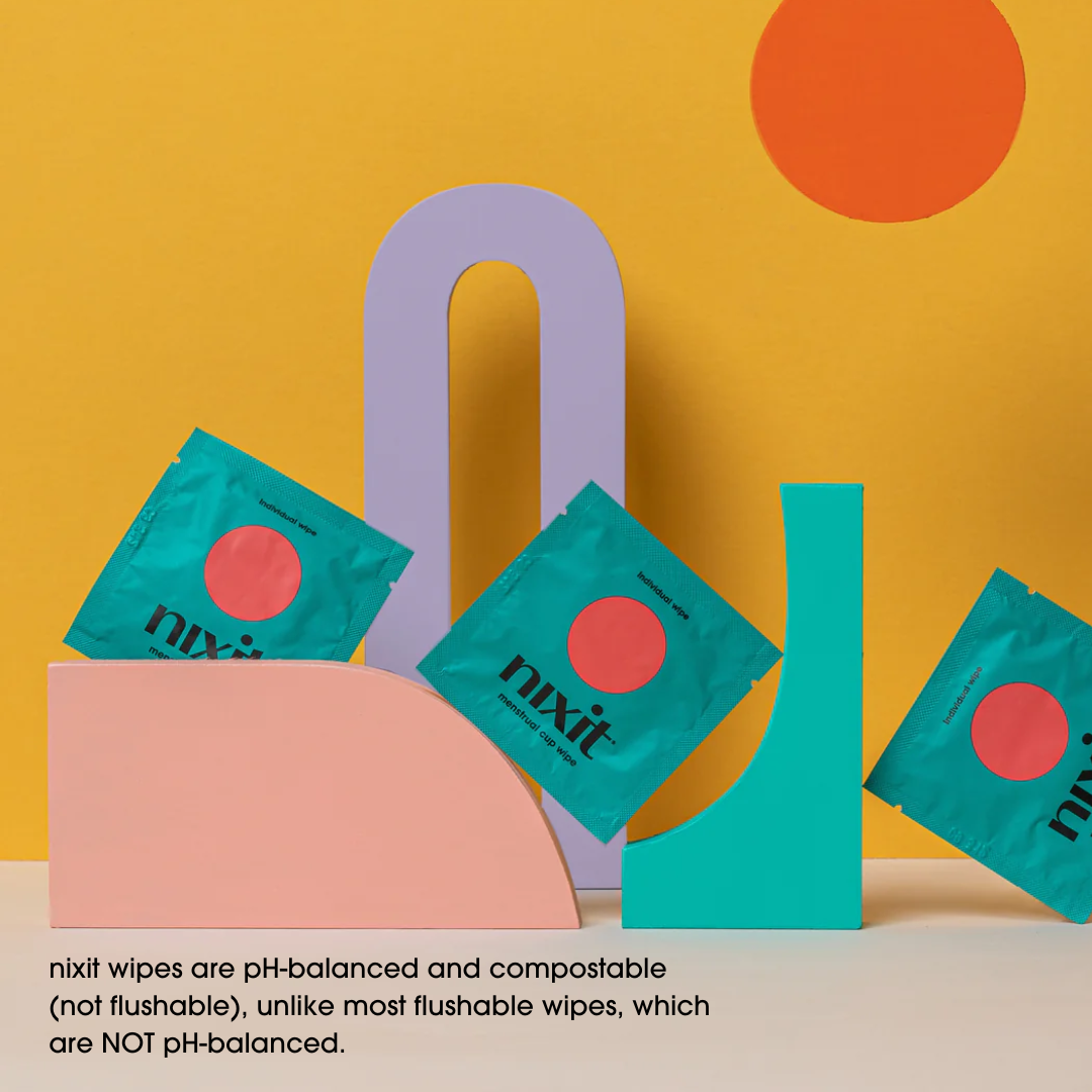 individual wipes sachets rest on a colourful background with the statement: nixit wipes are pH-balanced and compostable (not flushable), unlike most flushable wipes, which are NOT pH-balanced