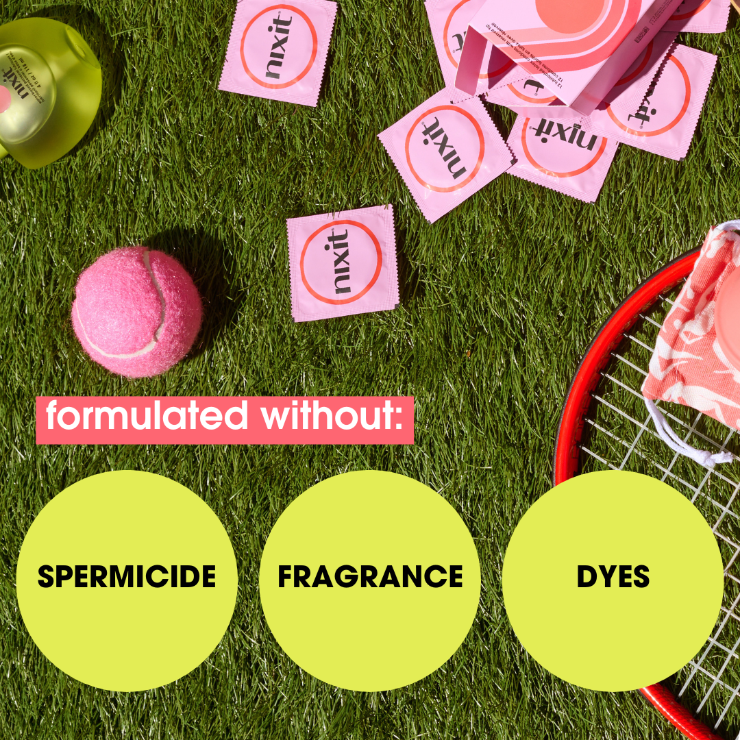 Product packaging with 'nixit' branding on grass, featuring text stating that the condoms are formulated without spermicide, fragrance or dyes
