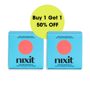 An image of the nixit menstrual cup box which has written on it '100% medical grade silicone' and 'nixit disc-style menstrual cup' with the nixit cup next to it as well as a square cotton bag to keep the menstrual cup in.