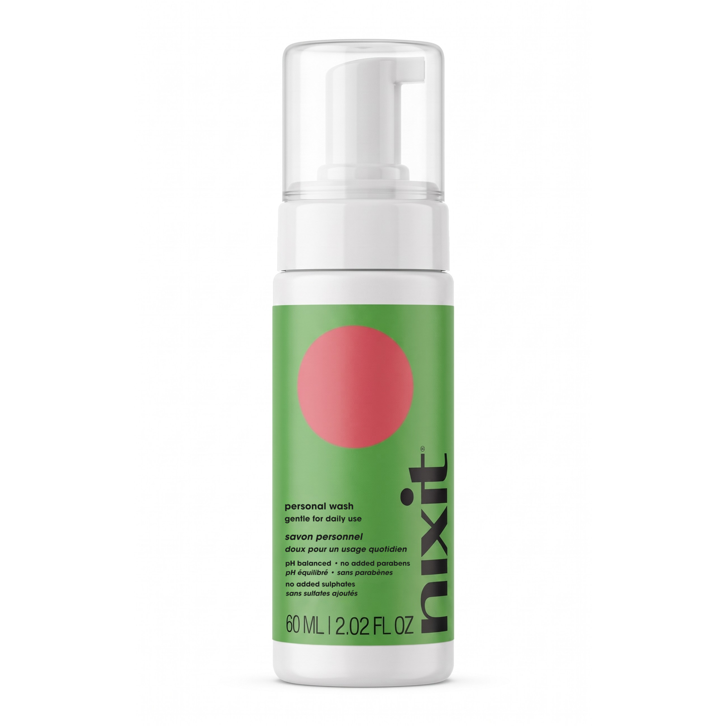 Nixi personal wash bottle with green label and white pump on a white background