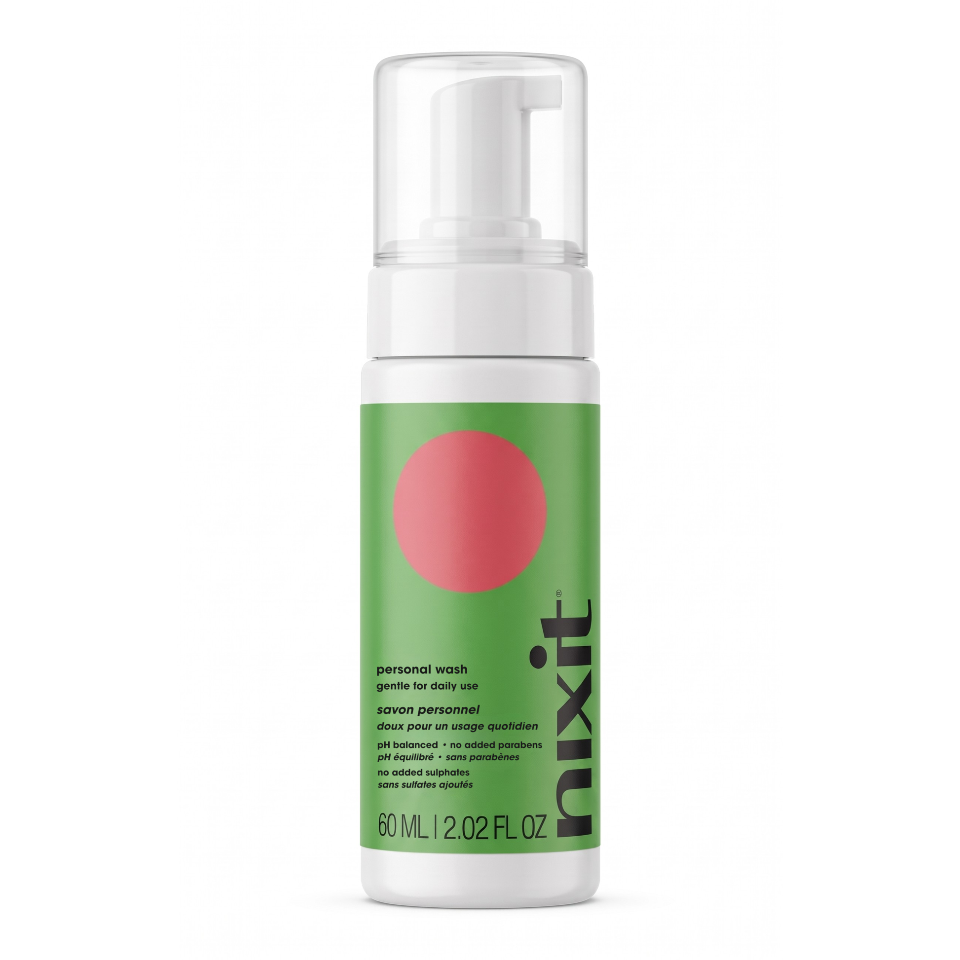 Nixi personal wash bottle with green label and white pump on a white background