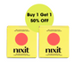 Two  yellow nixit menstrual cups boxes are side by side with a circle in between them that states 'Buy 1 Get 1 50% OFF'