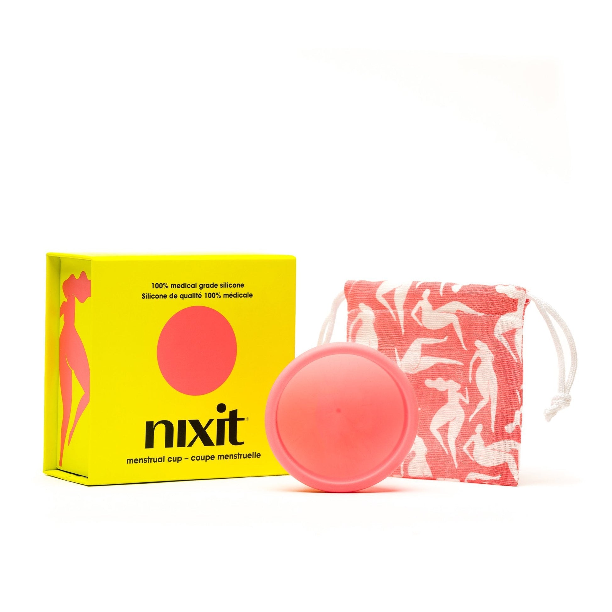 Photo of yellow nixit menstrual cup/period cup product box, and product reusable bag.