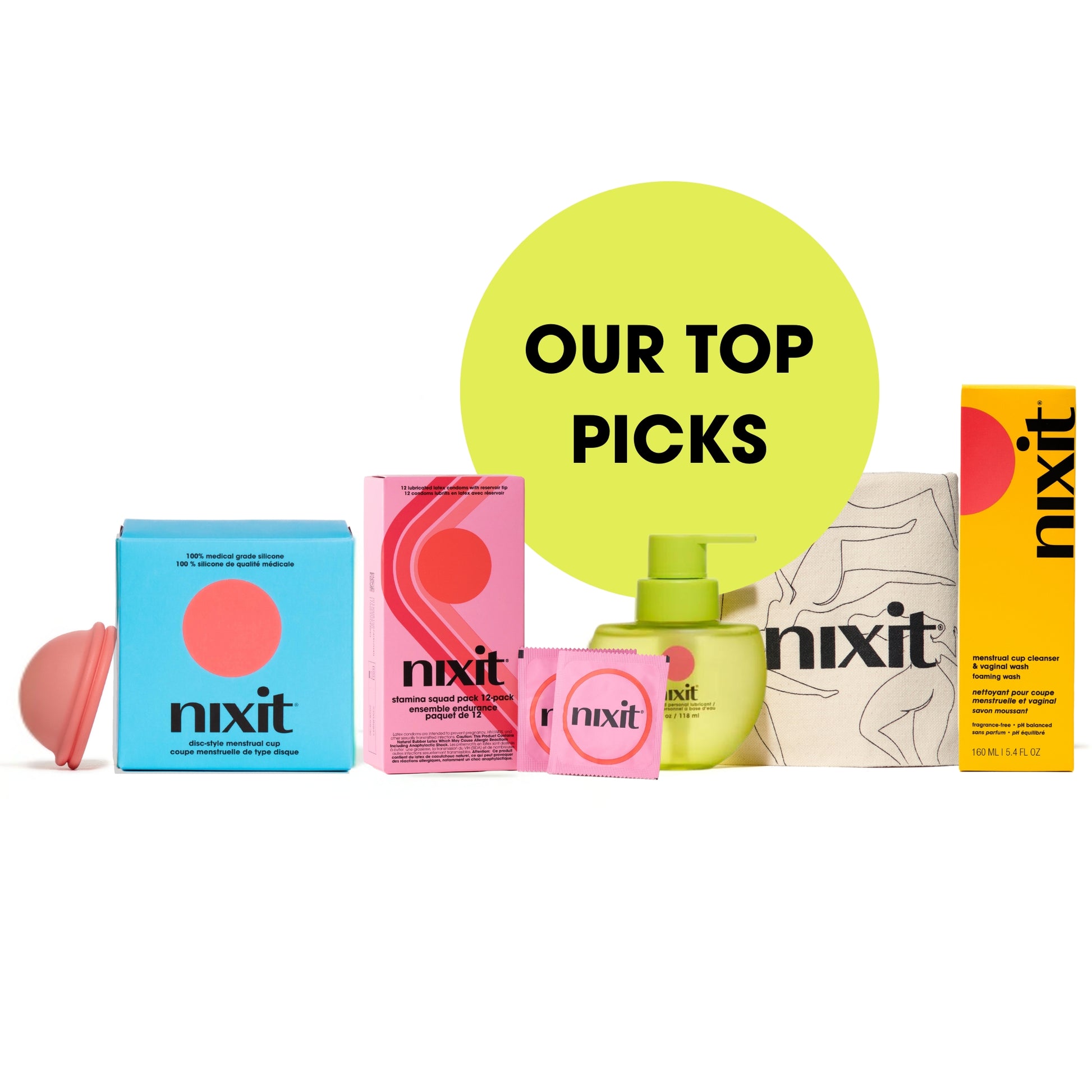 a line up of the nixit products (L-R), nixit disc-style menstrual cup, stamina squad 12 pk condoms, lubricant, tote bag and wash. The words 'Our Top Picks' are in a circle.