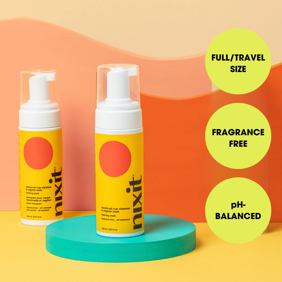 Two bottles of wash are in the image, one is on a round teal platform. Three circles each contain different statements - full/travel size, fragrance free, pH-balanced