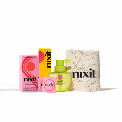 products on a white background (L-R) nixit stamina squad 12 pack lubricated condoms,  full size wash, lubricant, tote bag