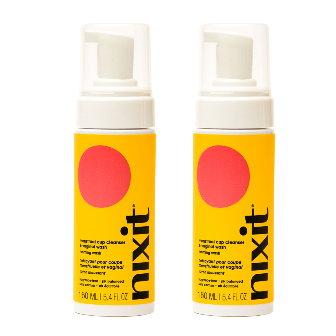 Two bottles of nixit menstrual cup cleanser and vulva wash are side by side
