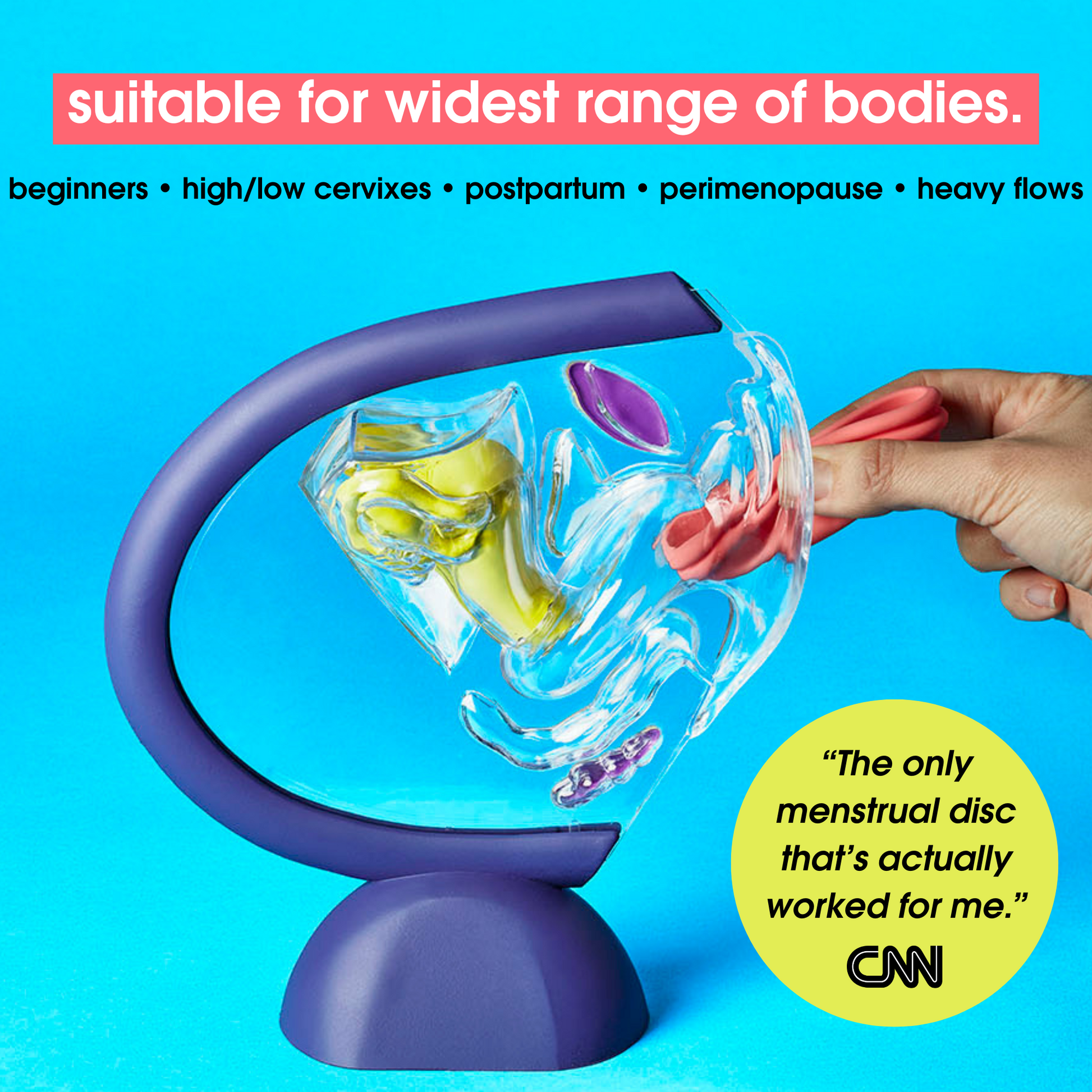 An image of the nixit menstrual disc in a model, with a CNN quote "the only menstrual disc that's actually worked for me".