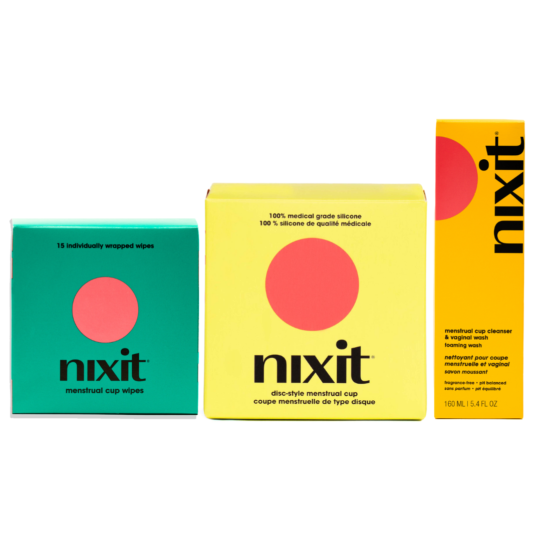 A photo of the boxes of the nixit menstrual cup wipes, nixit disc-style menstrual cup in a yellow box and nixit menstrual cup cleanser and vaginal wash