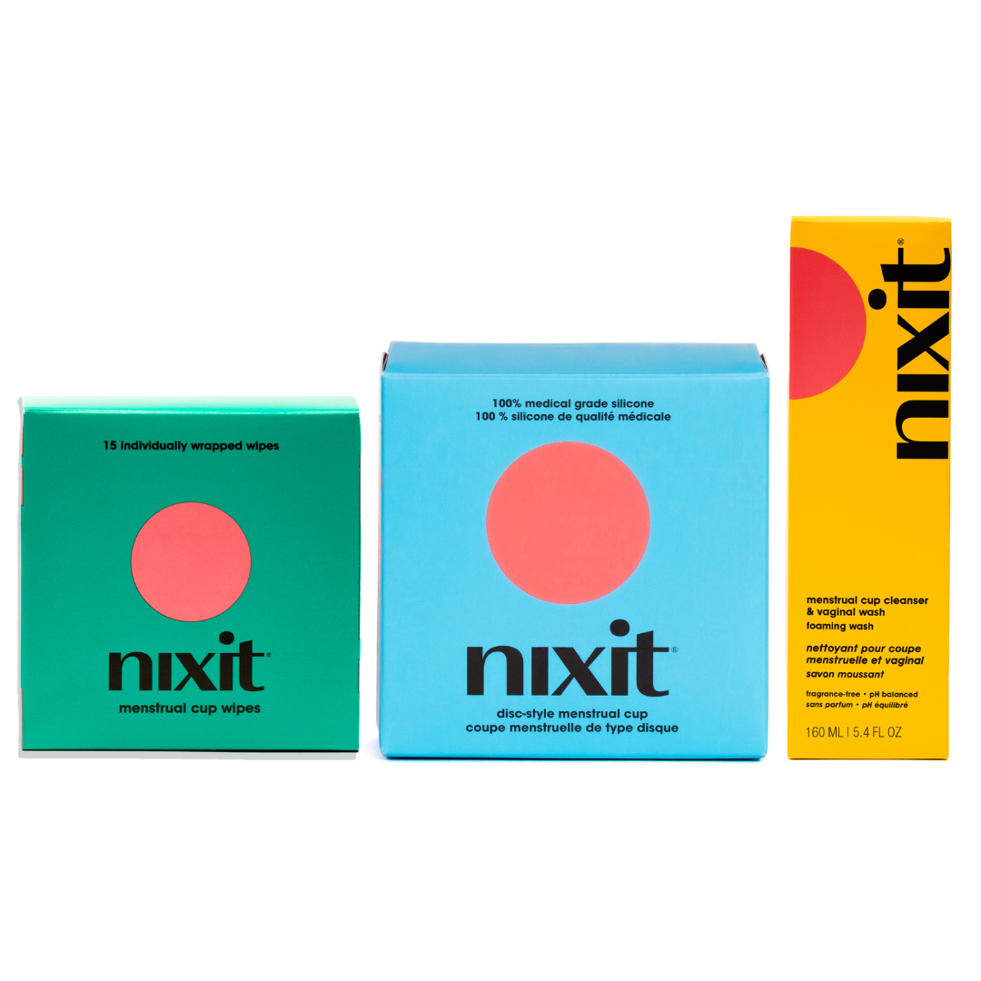 A photo of the boxes of the nixit menstrual cup wipes, nixit disc-style menstrual cup and nixit menstrual cup cleanser and vaginal wash