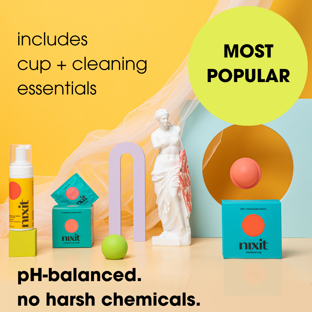 The nixit wash, wipes and menstrual cup are pictured wiht the words ‘includes cup+ cleaning essentials, pH-balanced, no harsh chemicals. In a circle are the words ‘Most Popular’.