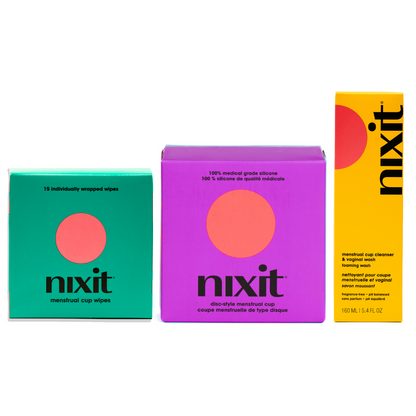 A photo of the boxes of the nixit menstrual cup wipes, nixit disc-style menstrual cup in a purple box and nixit menstrual cup cleanser and vaginal wash