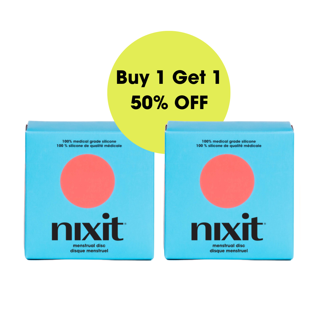 Two nixit menstrual cups boxes are side by side with a circle in between them that states 'Buy 1 Get 1 50% OFF'