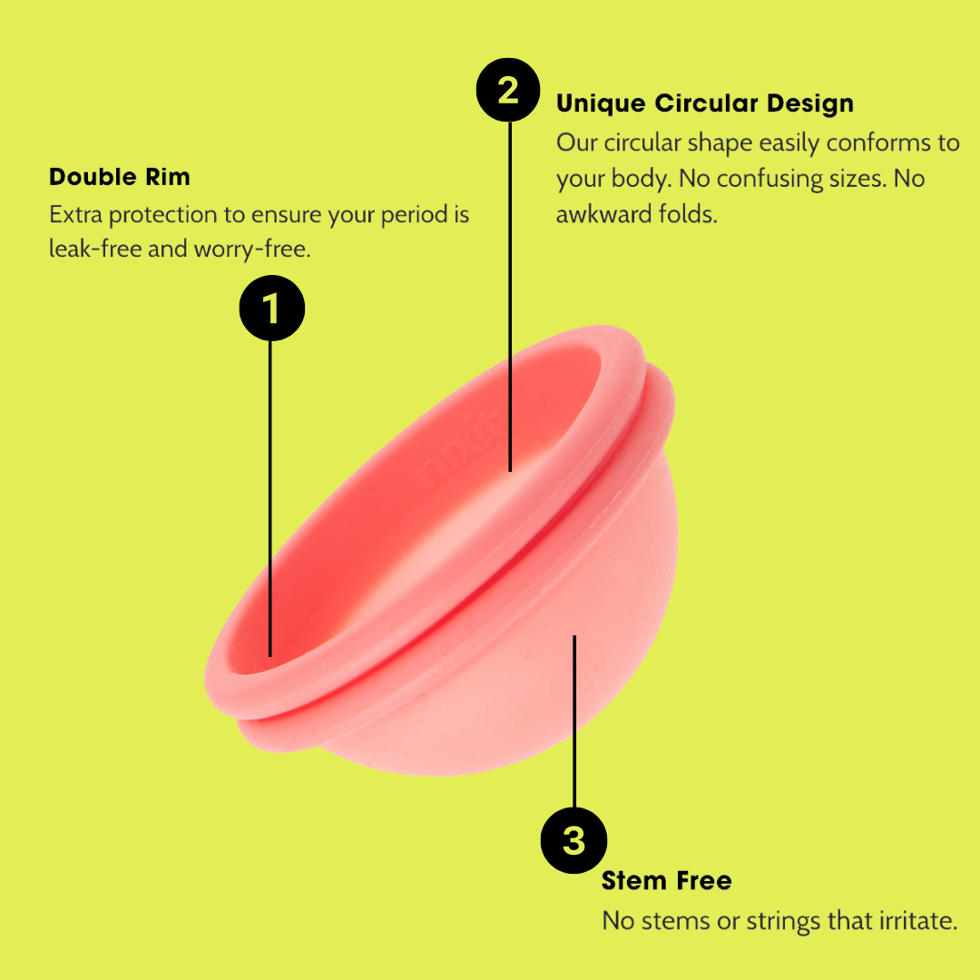 an enlarged image of the nixit menstrual cup with the words 1. Double Rim: Extra protection to ensure your period is leak-free and worry-free. 2. Unique circular design: Our circular shape easily conforms to your body. No confusing sizes. No awkward folds. 3. Stem Free: No stems or strings that irritate.'