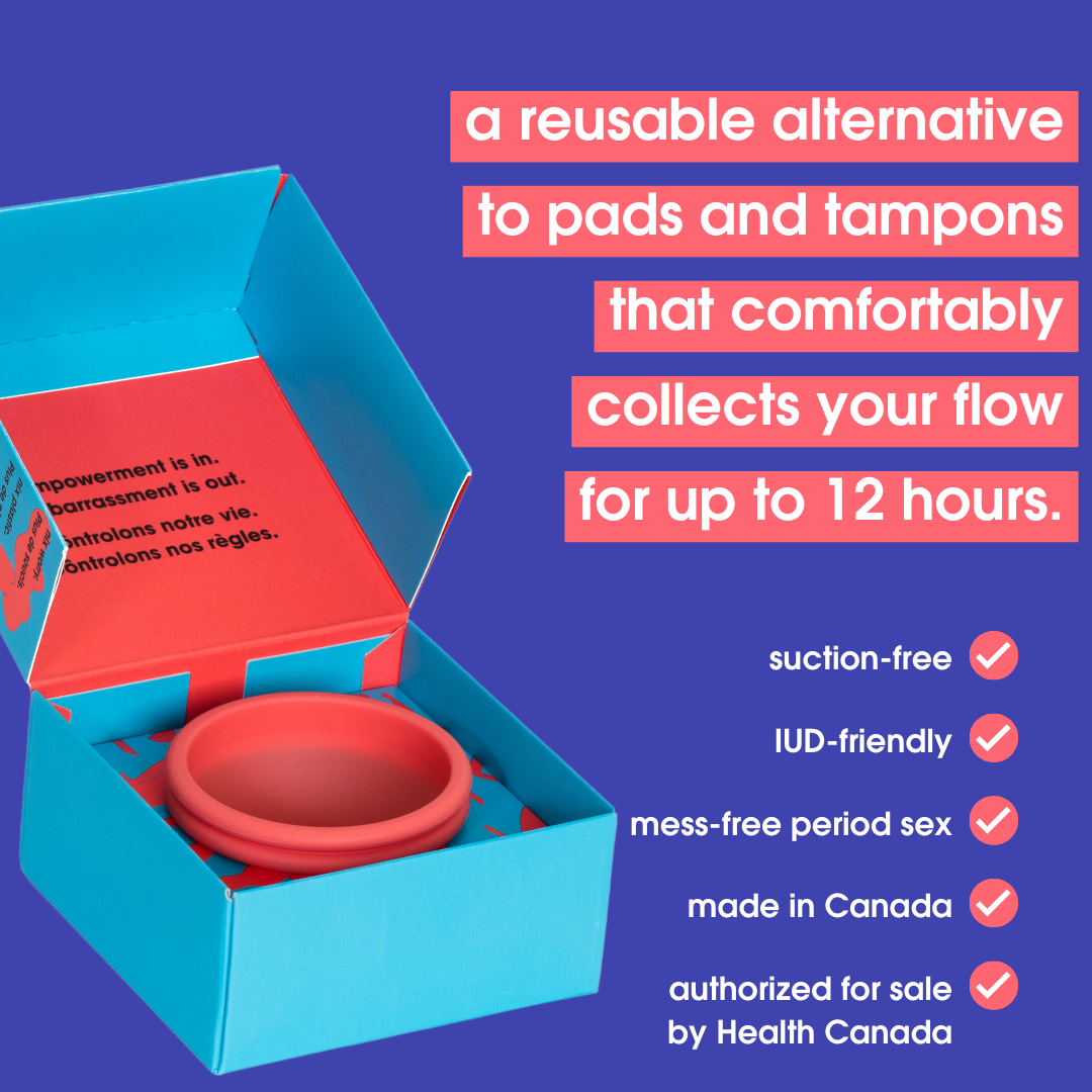 an open box of a nixit menstrual dics, with the words 'a reusable alternative to pads and tampons that comfortably collects your flow for up to 12 hours'