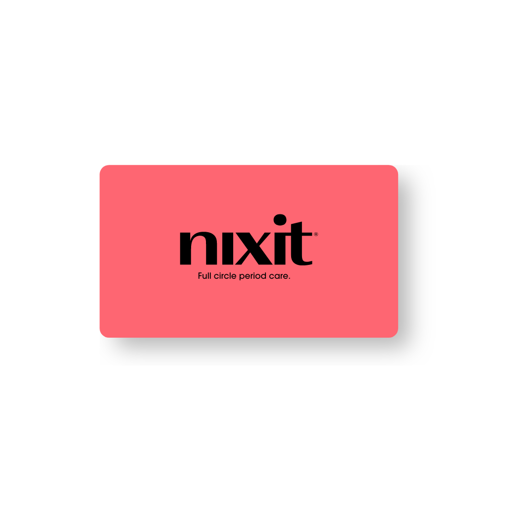 Product photo of nixit gift card in pink. On the card it says "full circle period care"