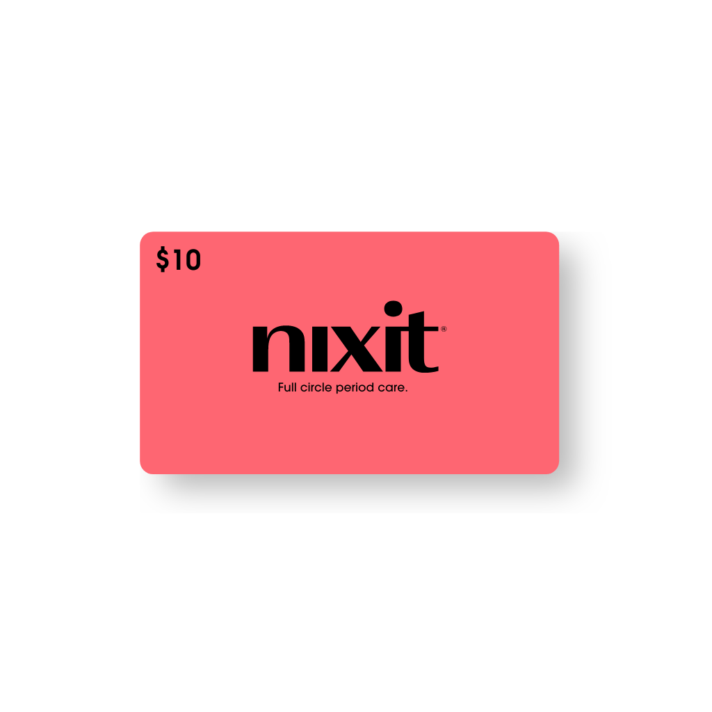 Product photo of $10 nixit gift card in pink. On the card it says "full circle period care"
