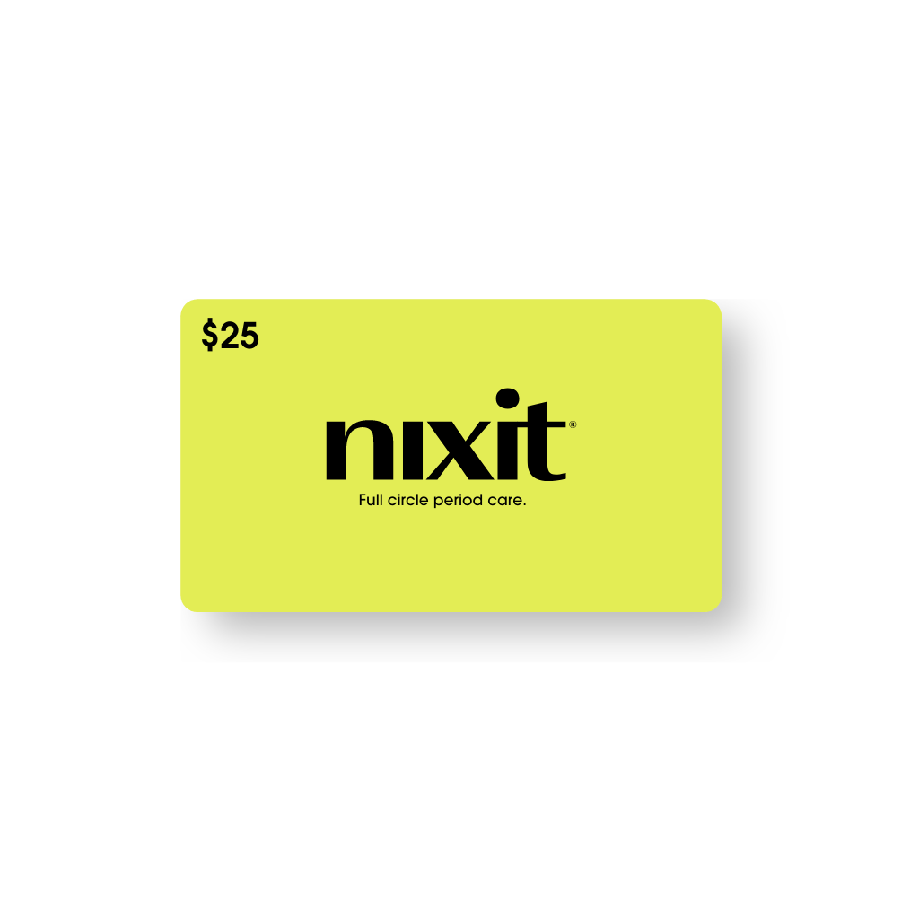 Product photo of $25 nixit gift card in yellow. On the card it says "full circle period care"