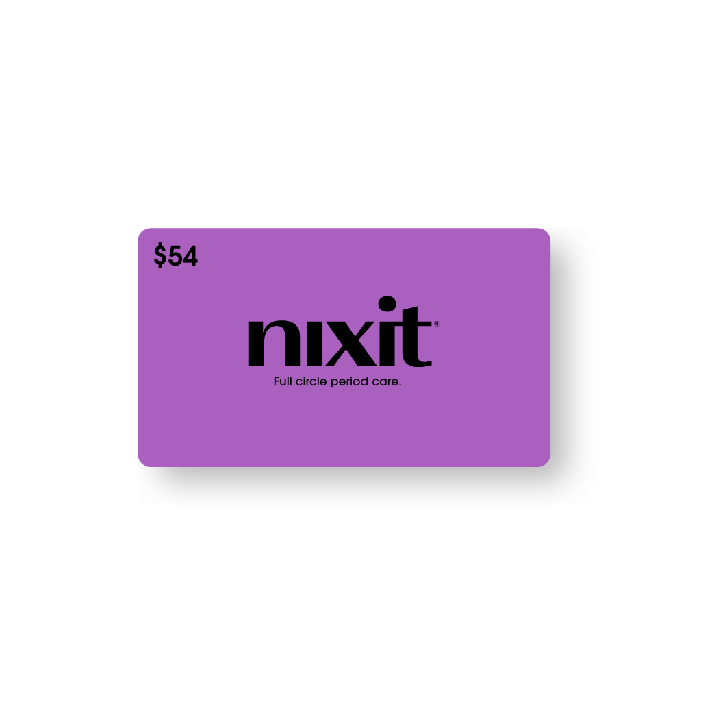 Product photo of $54 nixit gift card in purple. On the card it says "full circle period care"