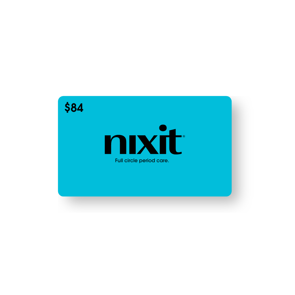 Product photo of $84 nixit gift card in blue. On the card it says "full circle period care"