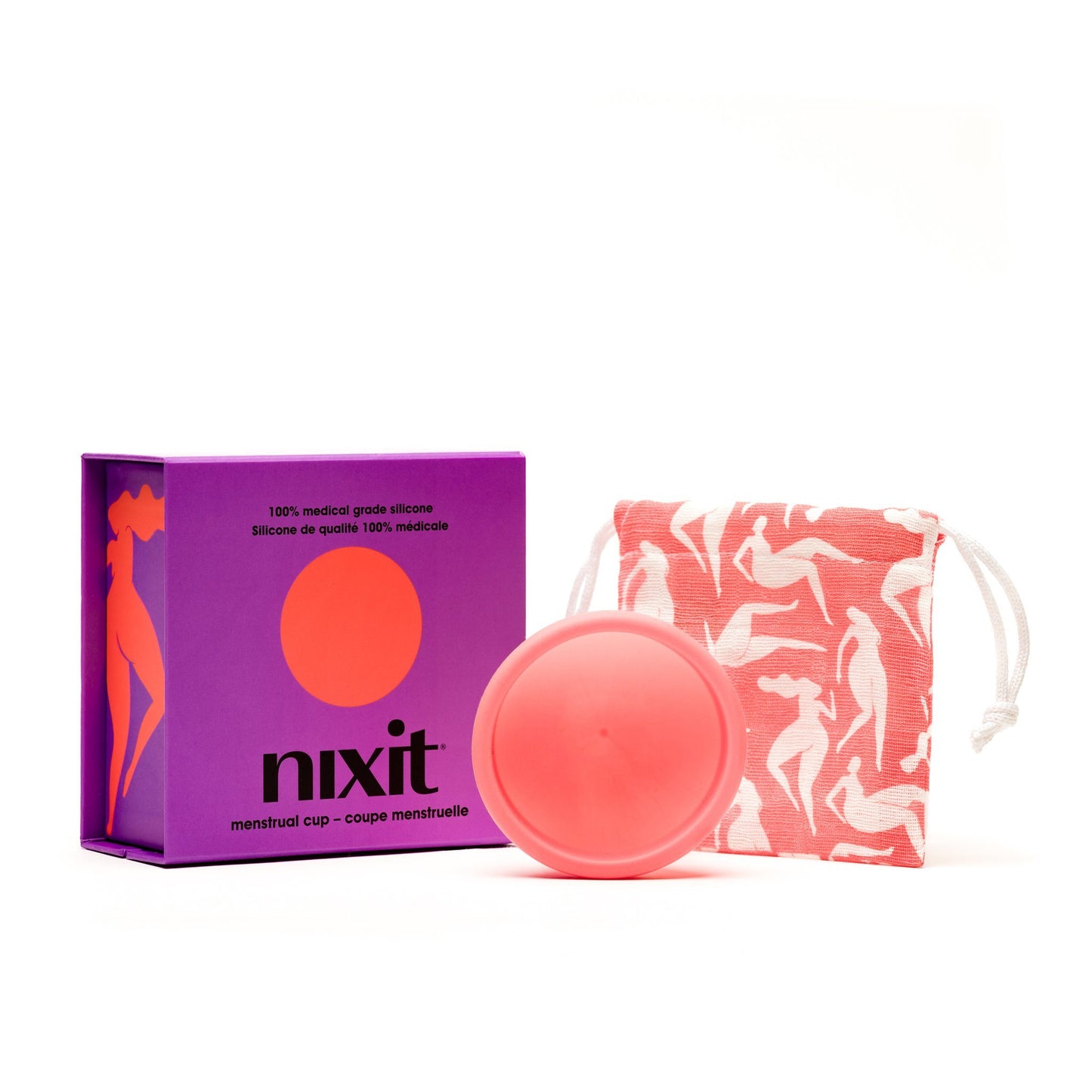 Photo of purple nixit menstrual cup/period cup product box, and product reusable bag.