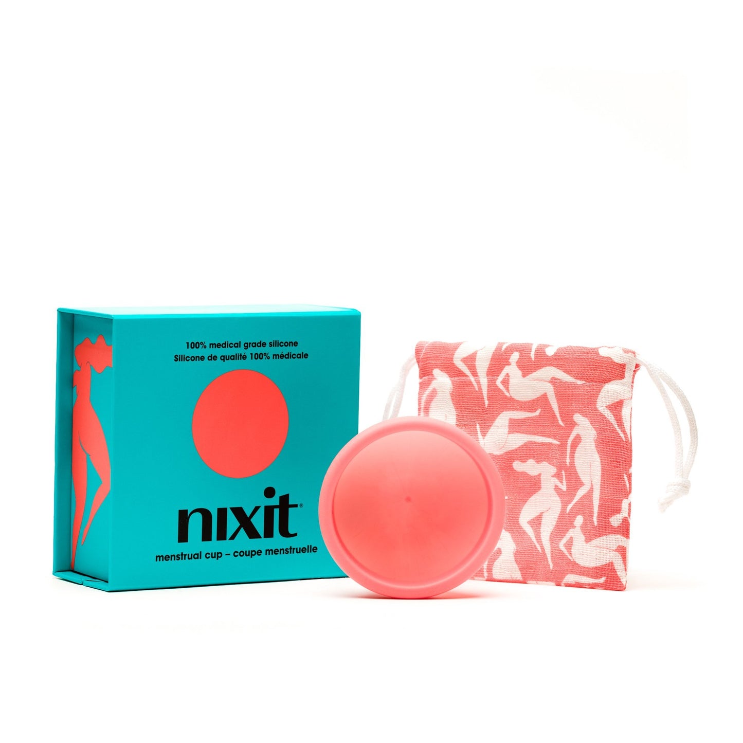 Photo of teal nixit menstrual/period cup and product box, and product reusable bag. 