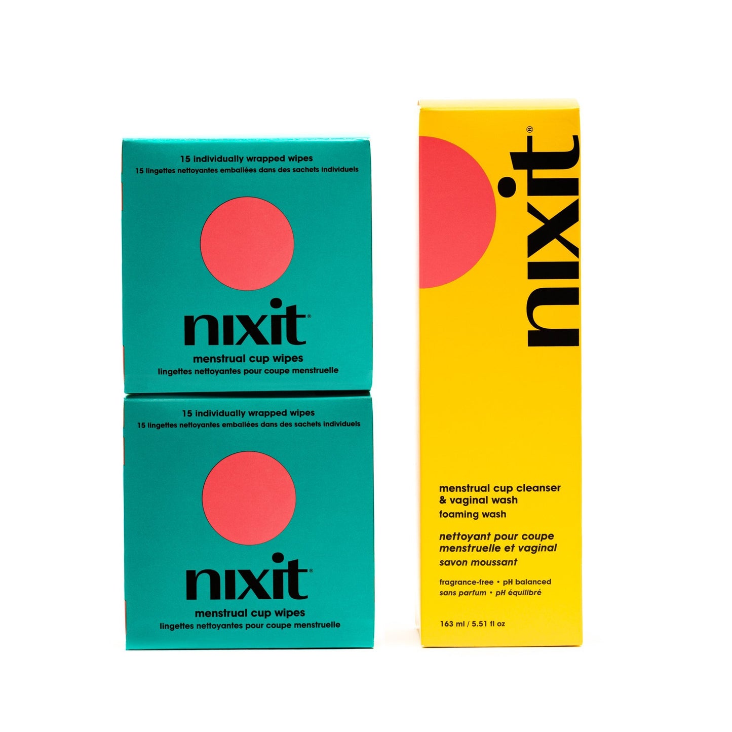 Photo of nixit wash our foaming wash that's perfect for your cup and your vulva, and 2 nixit wipes boxes (15 per pack)  convenient menstrual cup wipes for keeping it clean on-the-go