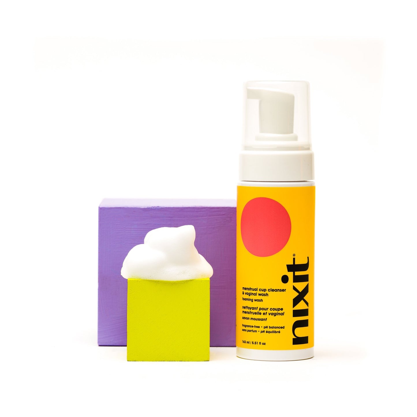 Product photo of nixit menstrual cup cleanser and vaginal wash and foam to show the texture