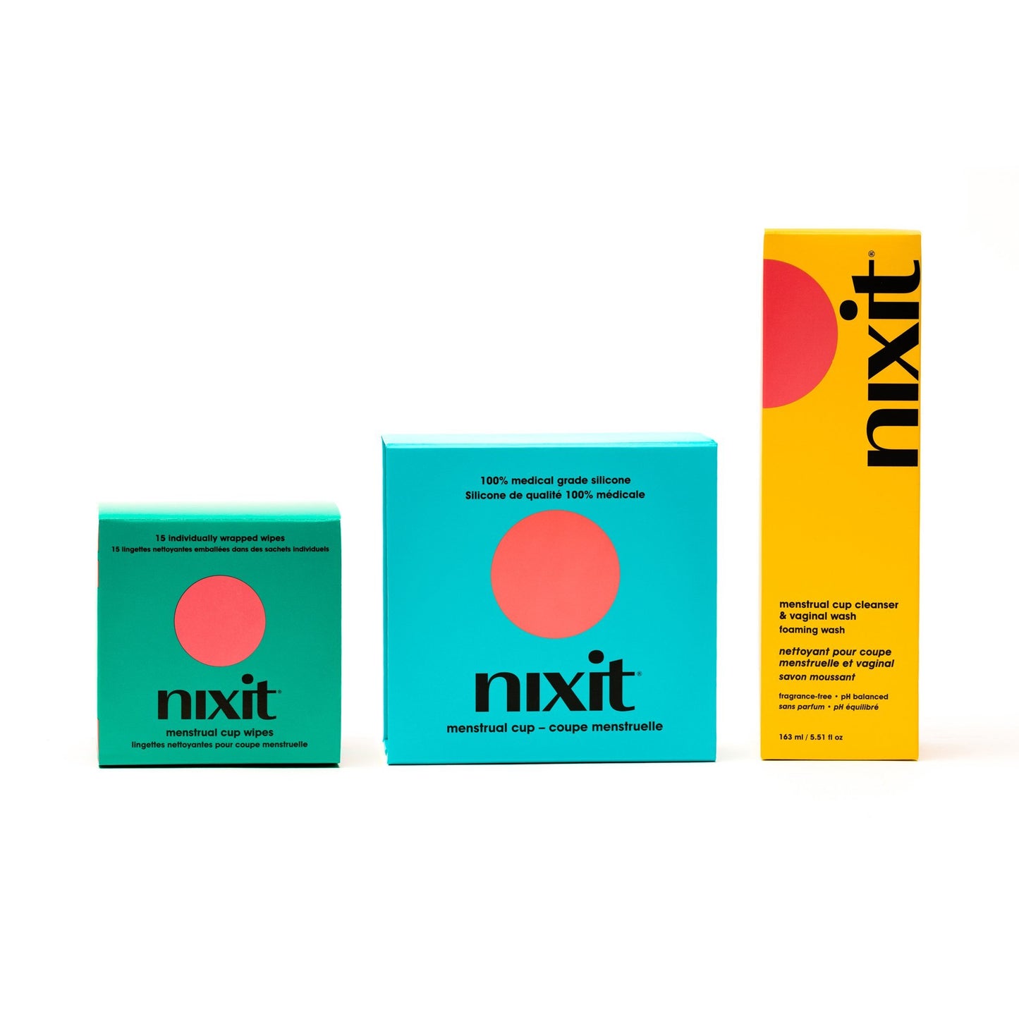Photo of nixit menstrual cup (box color of your choice), including a carrying bag, nixit wash our foaming wash that's perfect for your cup and your vulva, and nixit wipes (15 per pack)  convenient menstrual cup wipes for keeping it clean on-the-go