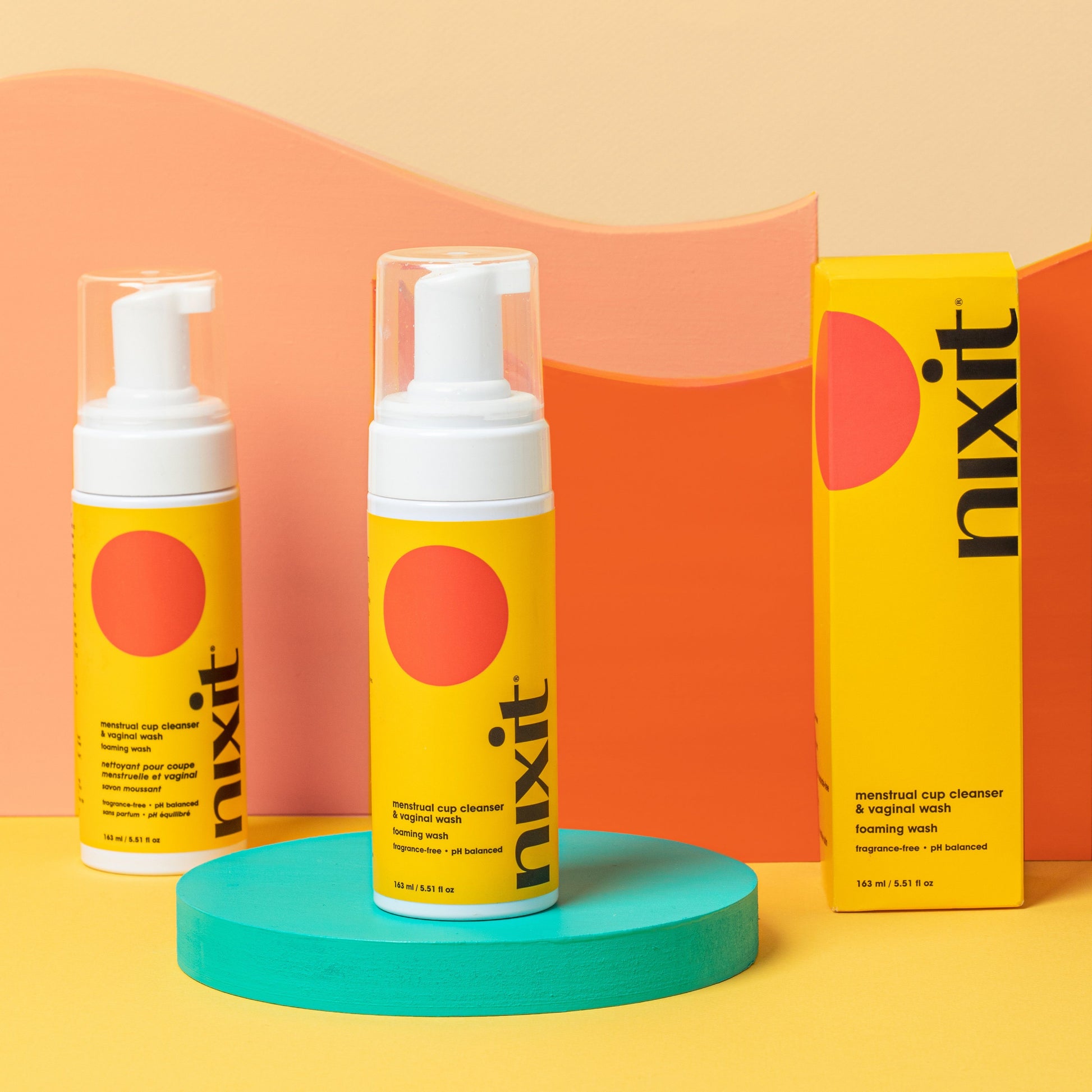 Product photo of nixit menstrual cup cleanser and vaginal wash and product box for period cup care